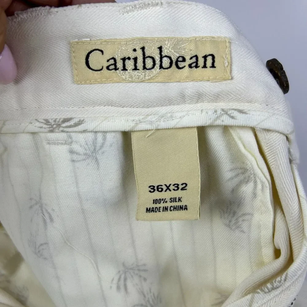 NWT Caribbean White Silk Pleated Front Relaxed Fit Casual Dress Pants‎ 36W 32L